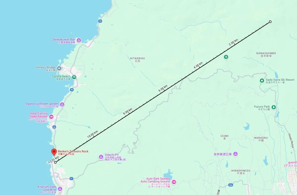 긴포쿠산에서 벤케이 가위바위까지의 거리