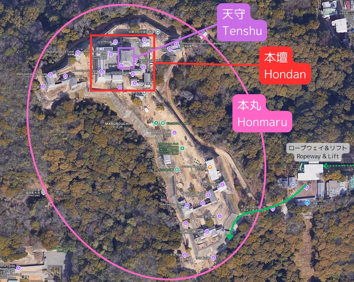 마쓰야마 성 혼마루・혼단・천수각 범위 지도