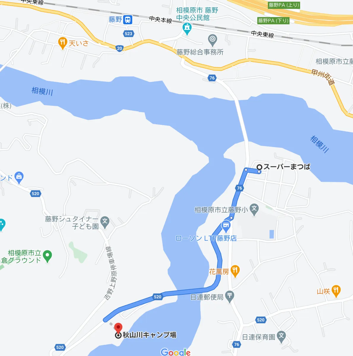 마츠바에서 아키야마가와 캠프장까지의 지도와 경로